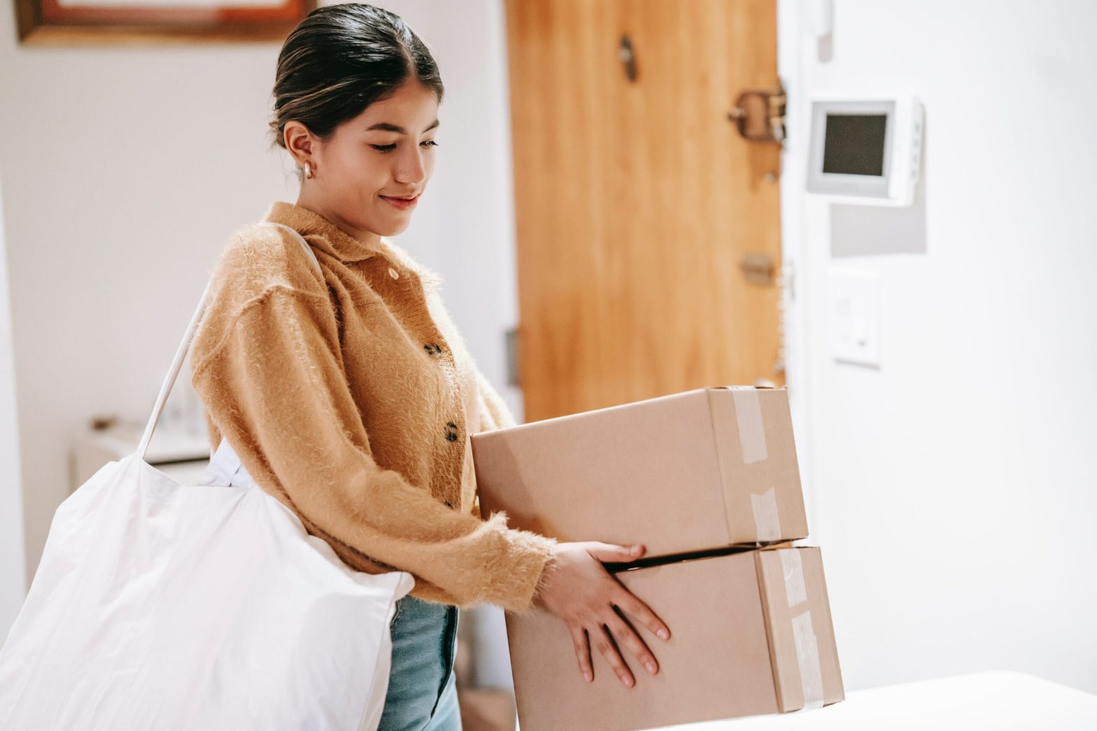 Woman moving boxes