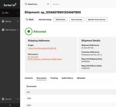 Sorted shipment dashboard screen