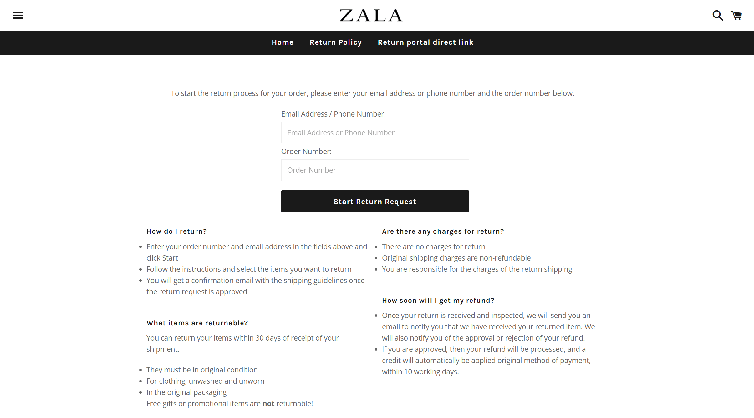 Zala branded returns dashboard